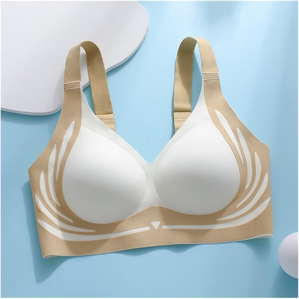 Tan and White Full-Coverage Bra with Adjustable Straps